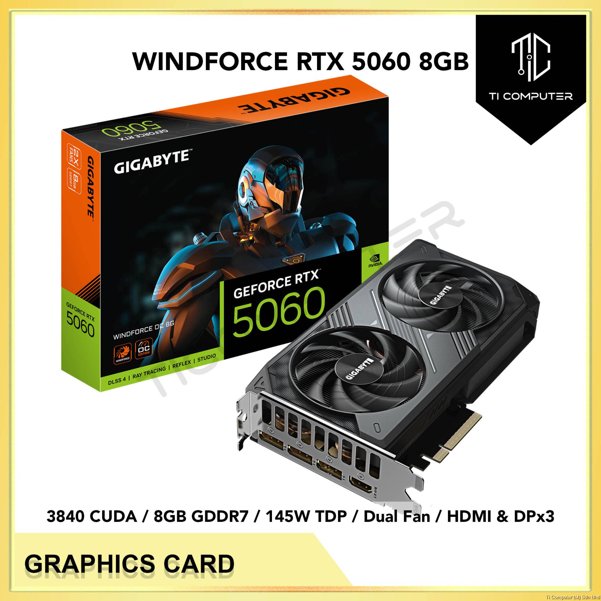 GIGABYTE GeForce RTX 5060 WINDFORCE 8GB GDDR7 DLSS 128bits PCIe DP  HDMI Graphics Card - Main Image